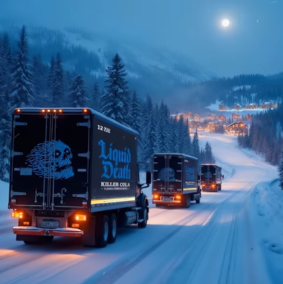 parodia oscura del anuncio navideño de Coca-Cola en estilo Liquid Death